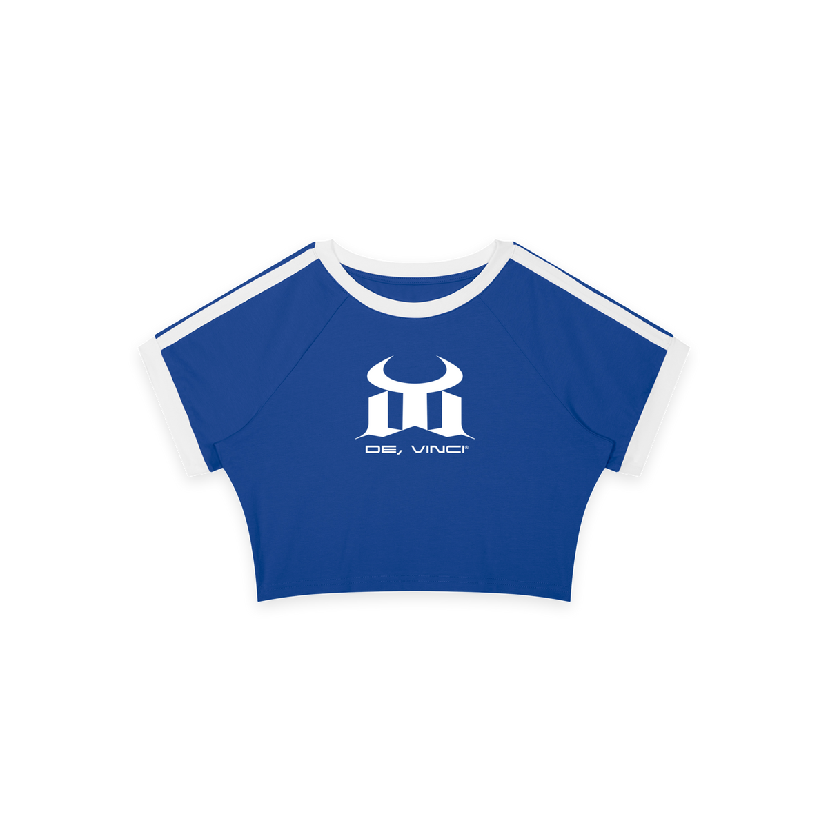Blue ODMPOD Femme Raglan Baby Tee crop top, front view showing casual fit and short sleeves.