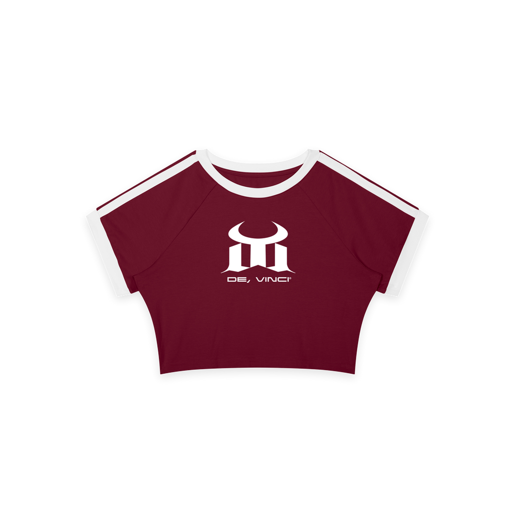 Burgundy femme raglan baby tee crop top by ODMPOD with front view, casual style, and soft fabric.