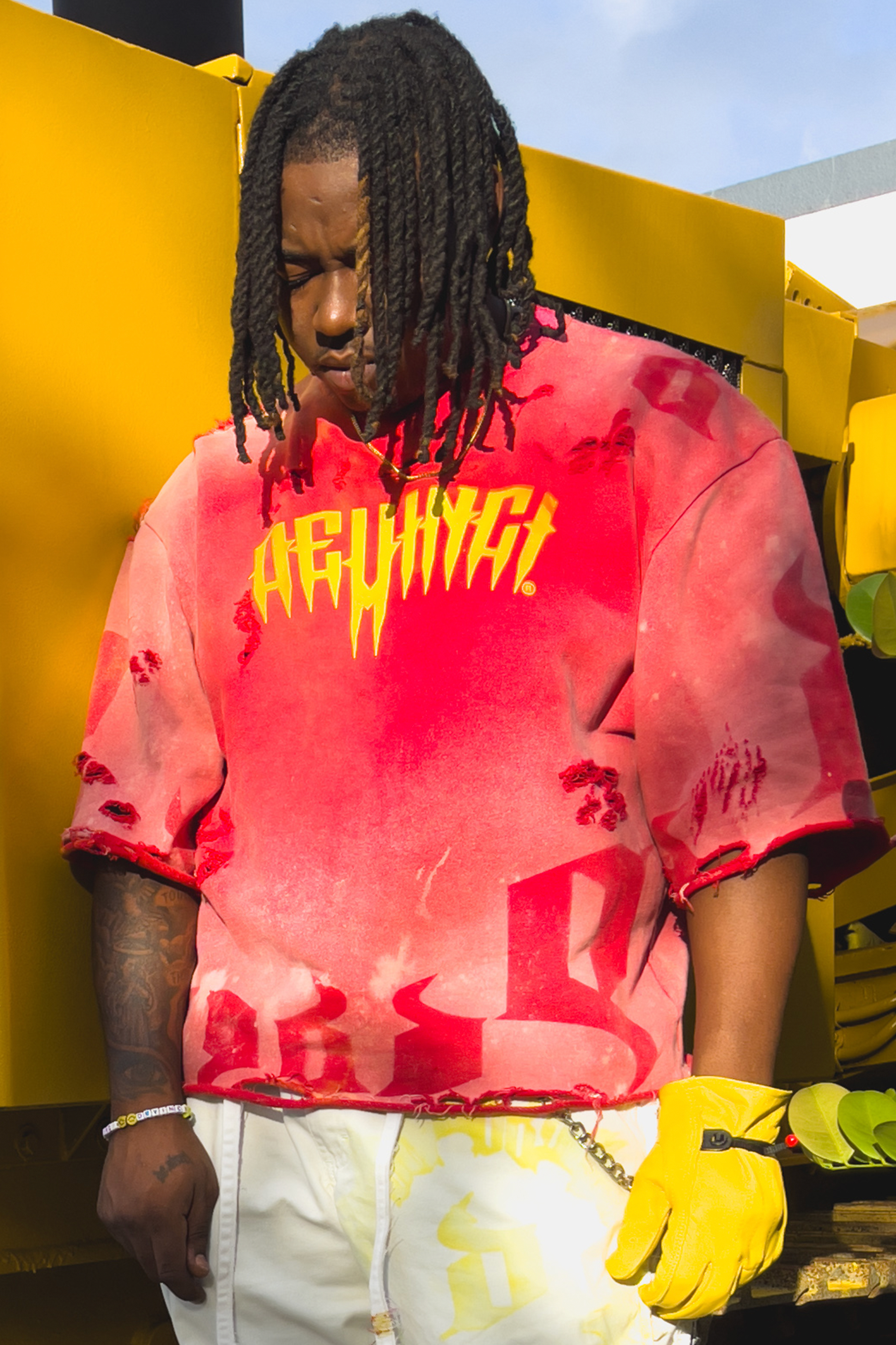 De Vinci "Inferno" cropped crewneck shirt featuring fiery flame design and casual fit, made from soft, comfortable fabric.